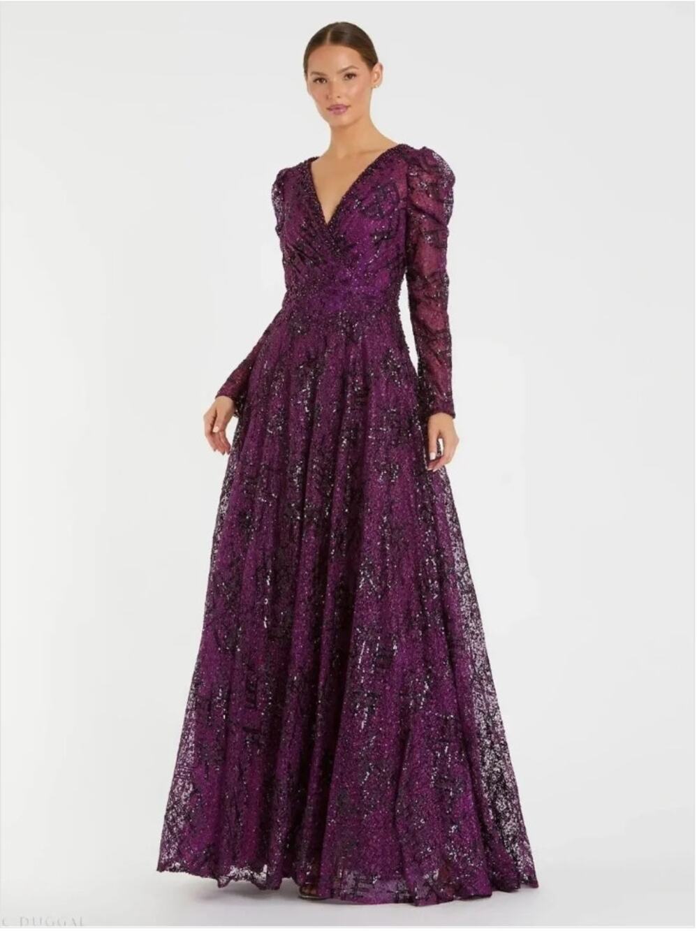 Mac Duggal 20353 Dark Purple Embellished V Neck Long Sleeve A Line Gown 4